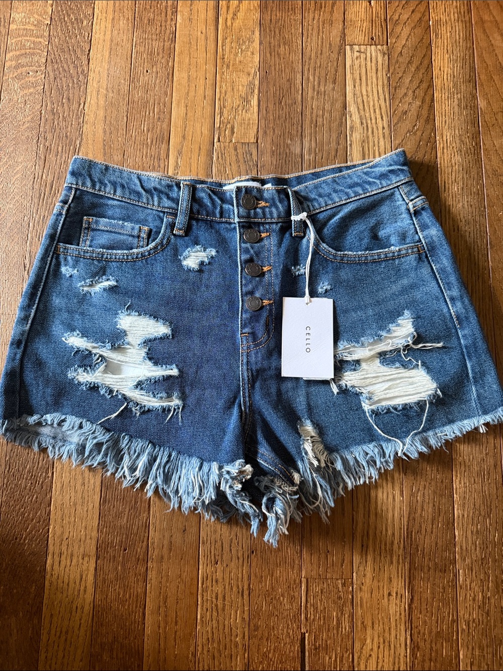 Cello Distressed Dark Wash High Rise Denim Shorts,  Size Medium